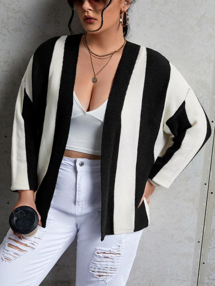 Plus Striped Pattern Drop Shoulder Open Front Cardigan | SHEIN