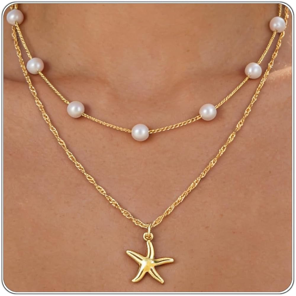 Beach Layered Shell Necklace for Women, 14K Gold Plated Starfish Conch Seashell & Pearl Charm Pen... | Amazon (US)