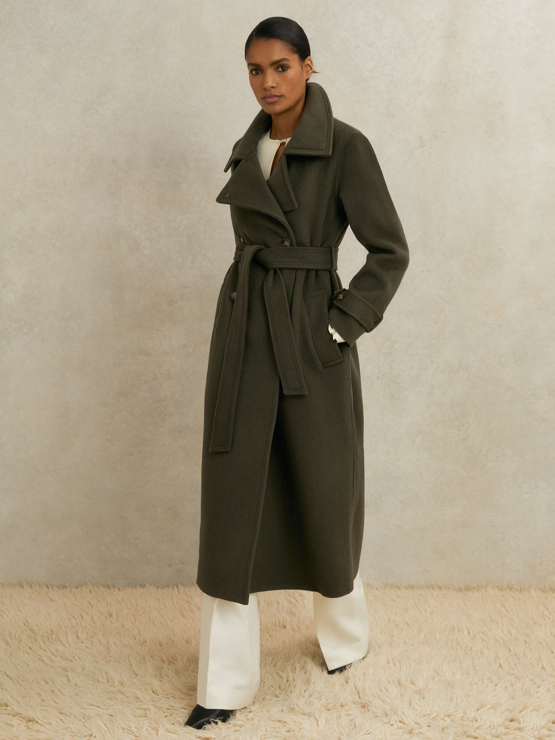 Atelier Wool Belted Blindseam Coat in Khaki | Reiss UK
