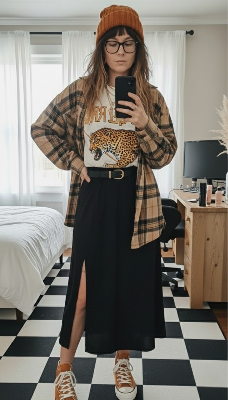 Bringing together my favorite textures for a cool, effortless look. This leopard graphic tee is a total wardrobe hero—I’ve styled it with a black side-slit midi skirt and an oversized neutral plaid flannel for that perfect grunge-meets-boho aesthetic. Topped it off with a rust beanie and platform high-tops to keep it cozy.

Style Tip: Tuck your graphic tee into a belted midi skirt to define your waist when wearing an oversized outer layer!

#LTKootd #LTKMidsize #LTKSeasonal