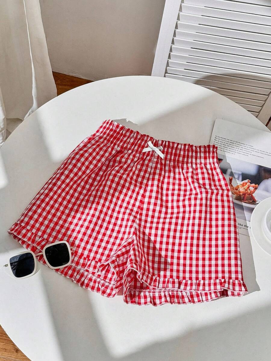 Comfortcana Casual Cute White Bow Decor Plaid Ruffle Hem Shorts For Women, Suitable For Summer | SHEIN