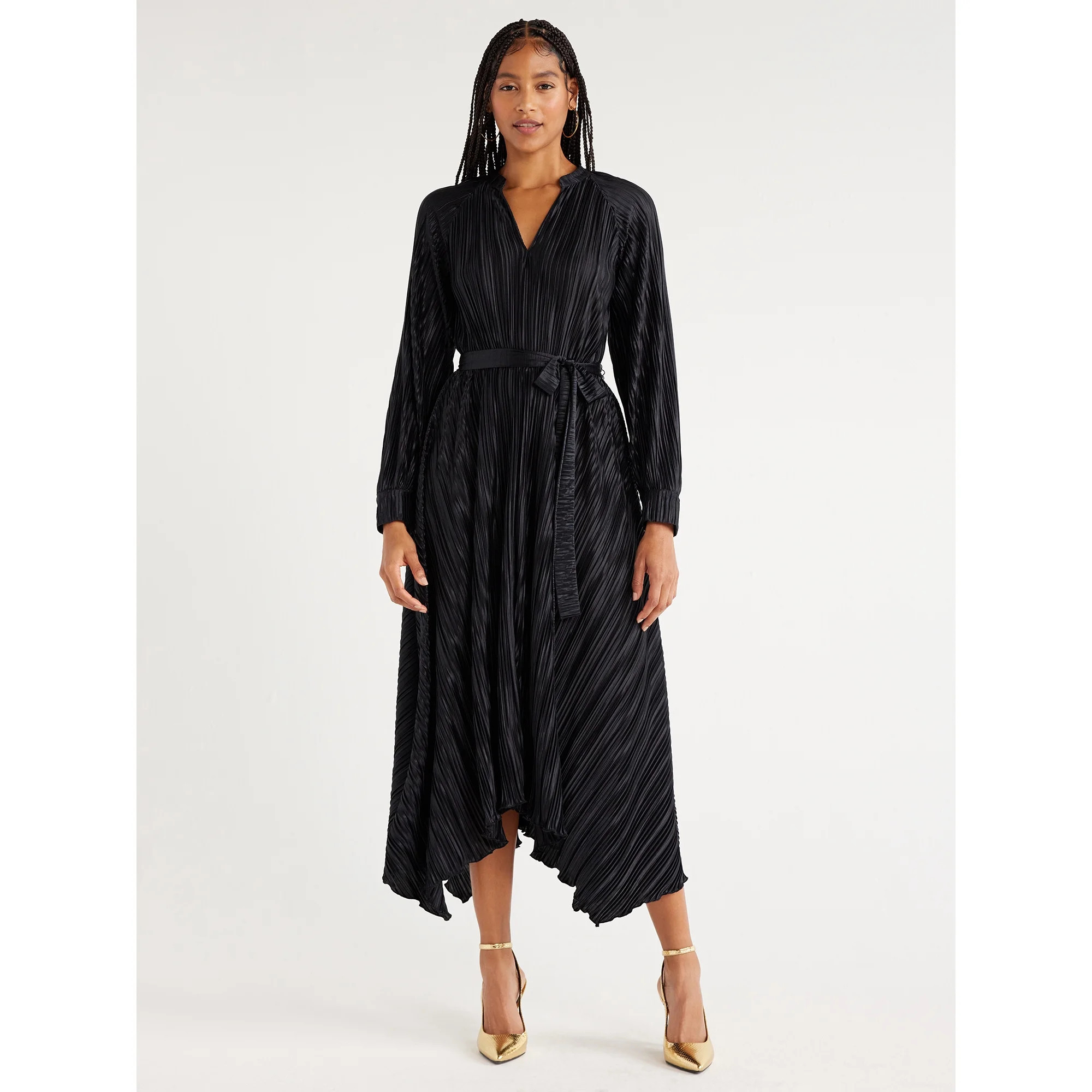 Scoop Women's Long Sleeve Plisse Midi Dress with Handkerchief Hem, Sizes XS-XXL - Walmart.com | Walmart (US)
