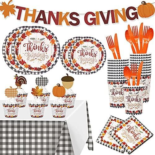 138 PCs Thanksgiving Party Supplies Tableware Set, Thanksgiving paper plate and napkins set for 16 g | Amazon (US)