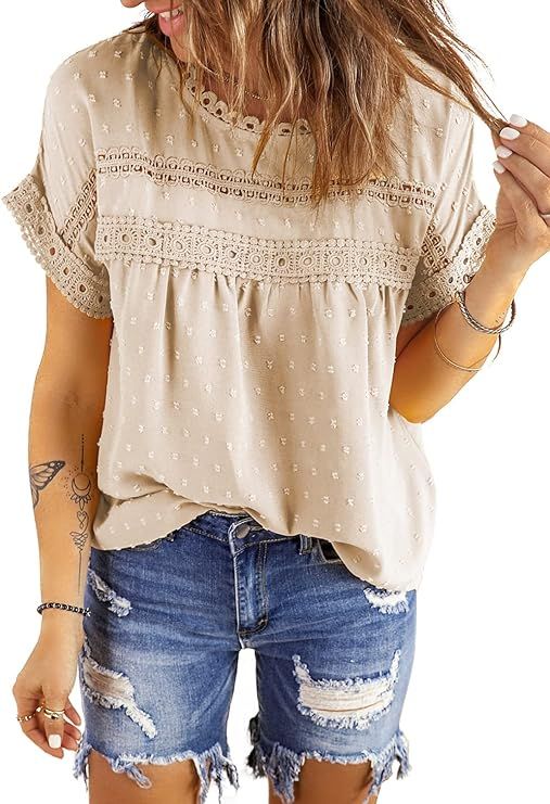 Dokotoo Womens Summer Tops Crewneck Lace Crochet Short Sleeve Shirts Casual Chiffon Blouses | Amazon (US)