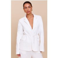 Off White Linen Look Tie Waist Blazer | PrettyLittleThing US