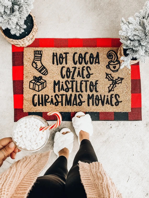 Holiday Favorites Doormat, Hot Cocoa, Cozies, Mistletoe and Christmas Movies Door Mat, Bloom Into... | Etsy (US)