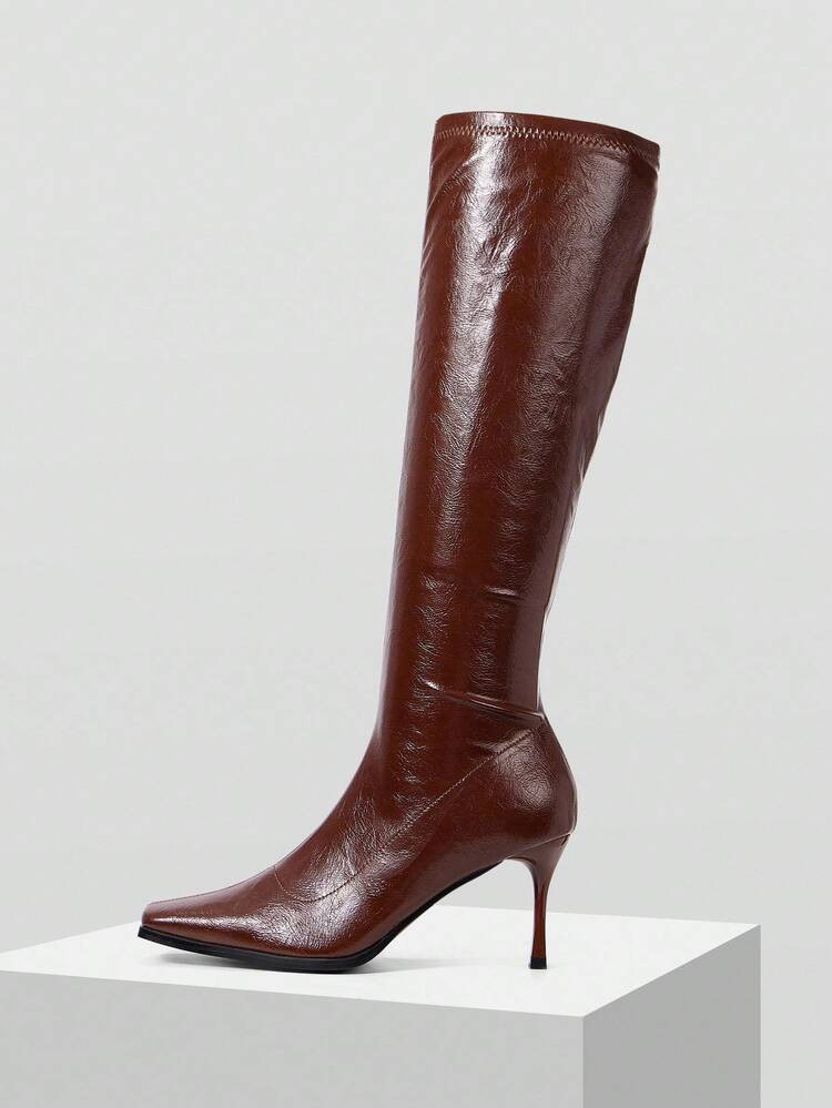 MOTF WOMEN'S BROWN SQUARE TOE SIDE ZIPPER STILETTO KNEE-HIGH BOOTS | SHEIN