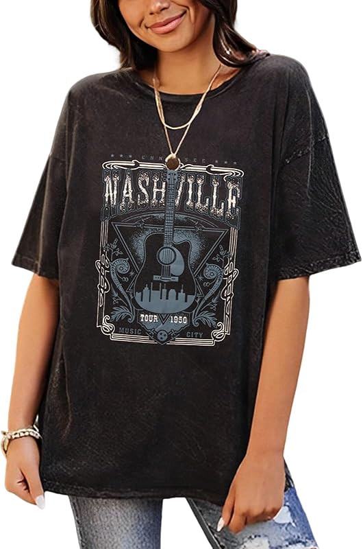 Womens Country Music Shirts Nashville Music City T-Shirt Vintage Guitar Oversized Graphic Tee Sum... | Amazon (US)