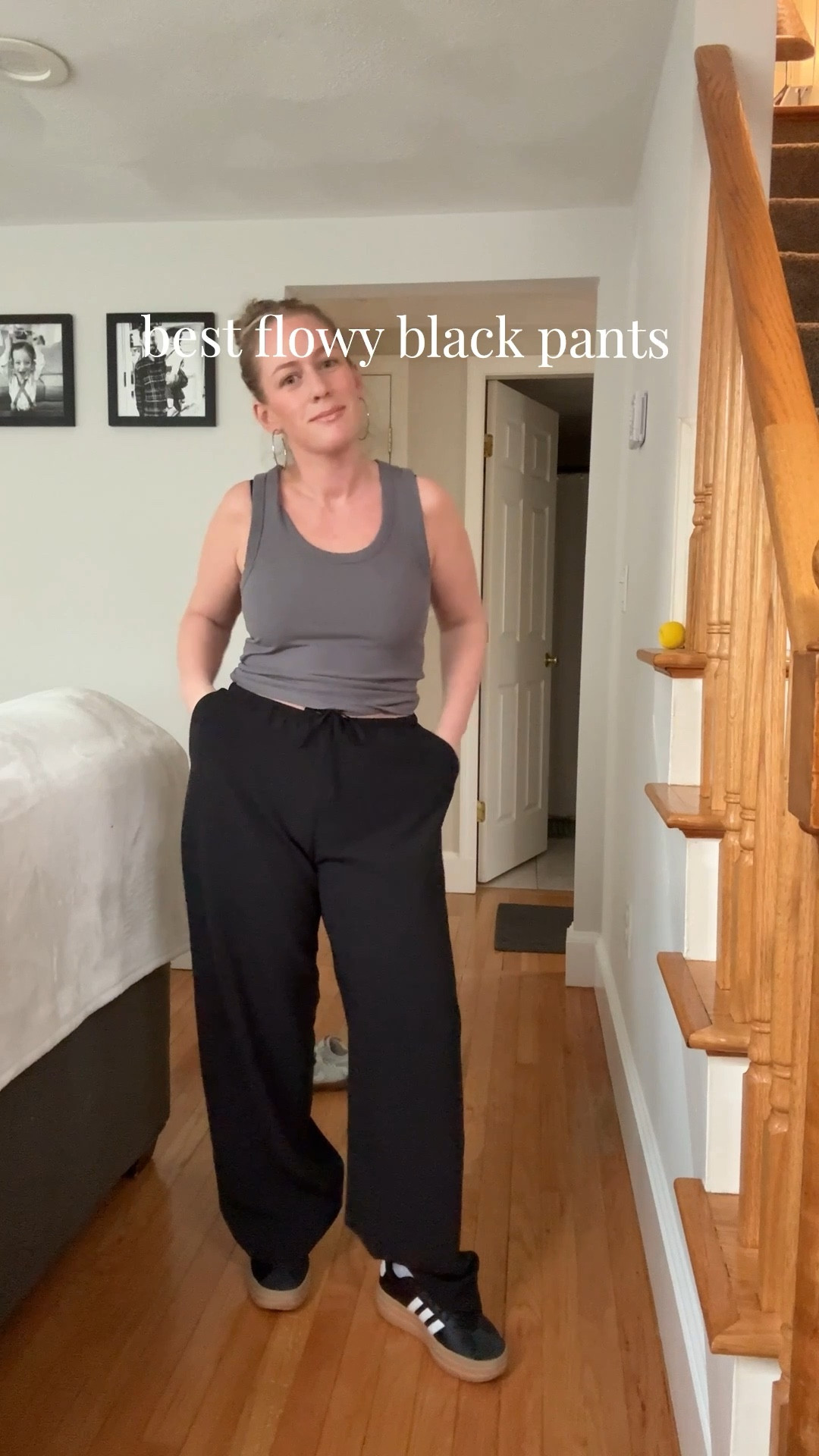 These black flowy pants are soooo good! Comfortable fabric. I’m wearing S reg length but hemmed an inch or two. They run tts or big depending on the fit you desire! 
Adidas sambas black 
Gap wide leg pants Aritzia 

#LTKgrwm #LTKSaleAlert #LTKootd
