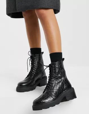 schuh Arvid lace up mid heeled ankle boot in black croc leather | ASOS (Global)