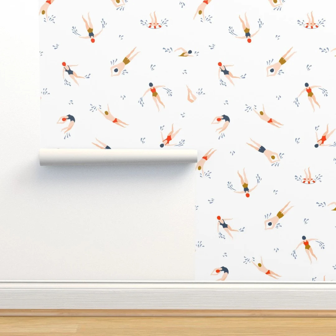 Summer Swimming Wallpaper - Cute Swimmers (White) By Alenkakarabanova - Cute Whimsical Nautical S... | Etsy (US)