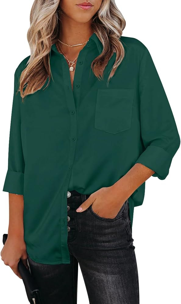 Aoudery Womens Button Down Shirts Dress Shirts Long Sleeve Wrinkle Free Collar Blouses V Neck Wor... | Amazon (US)