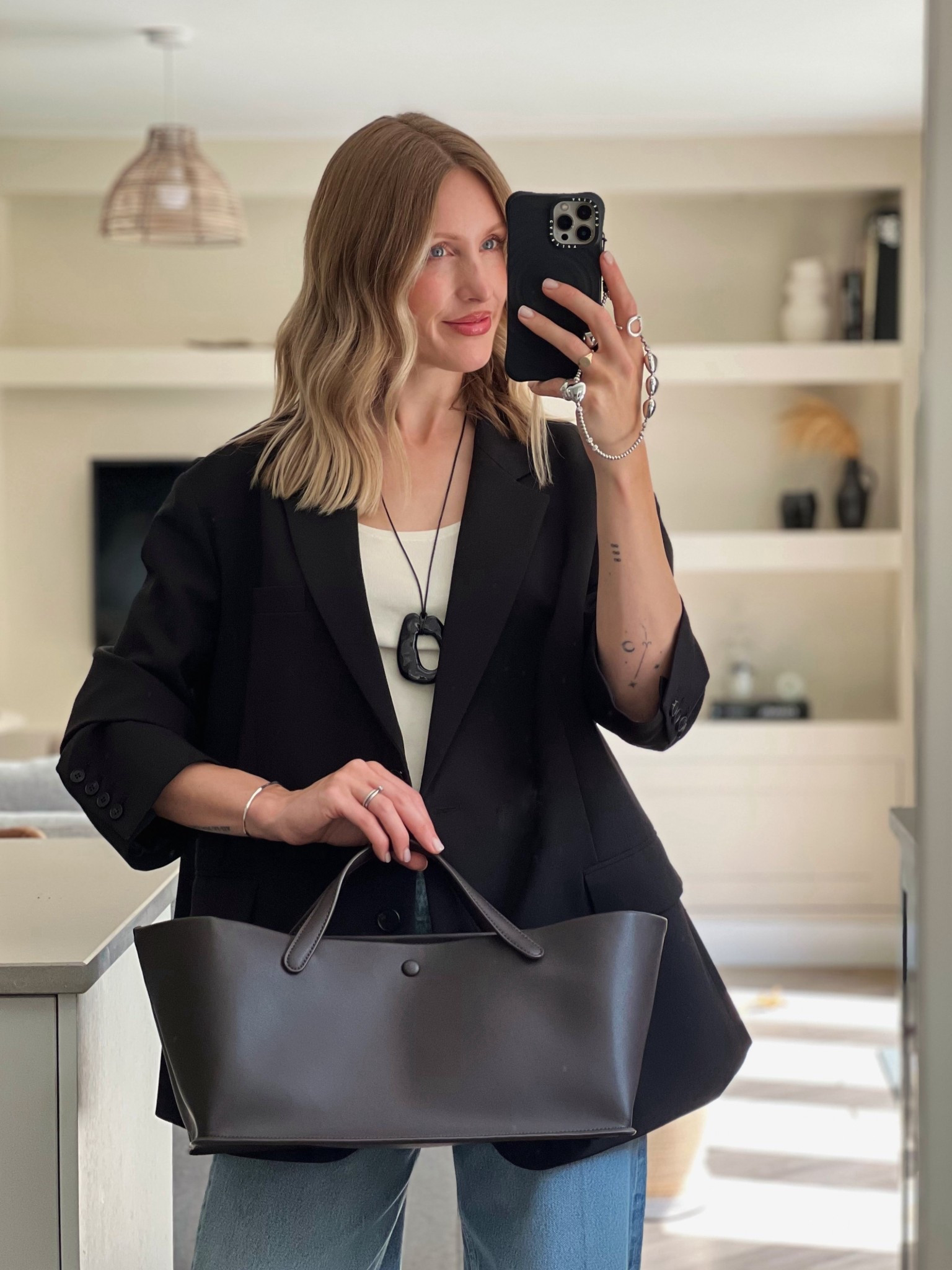 Summer outfit ~ black blazer | the row Idaho tote bag dupe | silk tank top | COS pendant | Citizens of Humanity Ayla Jeans (on sale) | Lilysilk | the Frankie shop | oversized blazer | minimal chic 

#LTKsummer #LTKuk #LTKbag