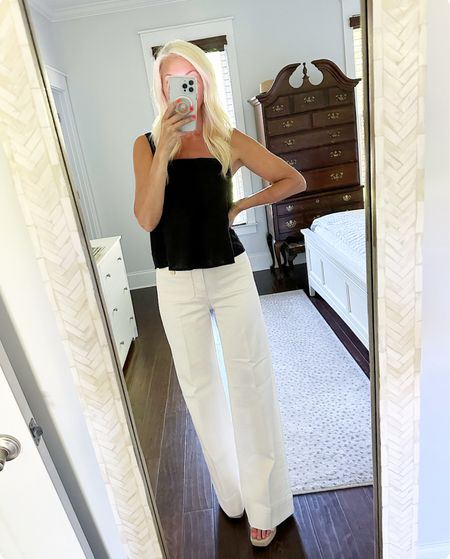 Look what came out in a pretty ecru color? My favorite style pants! Don’t mind me, I’ll be wearing these all summer long. My top is on sale too. The pants run a little big. I went down a size. And the top is true to size.