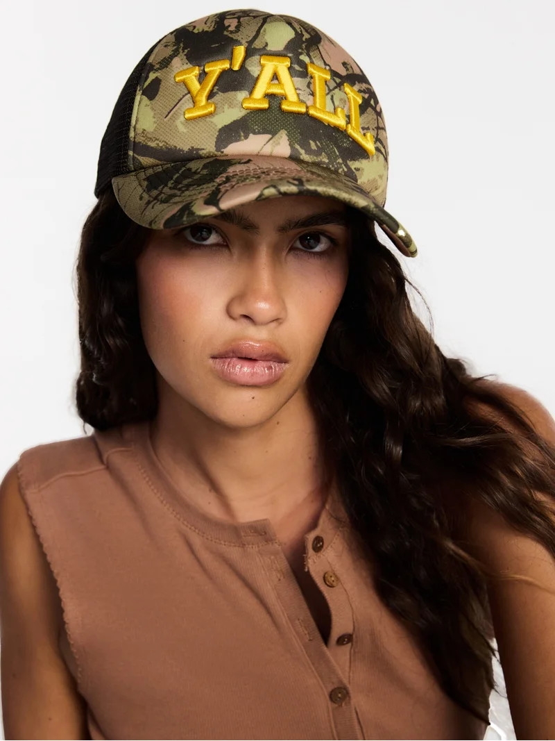 Kacey Lee Women's Embroidered Trucker Hat, Khaki | Walmart (US)