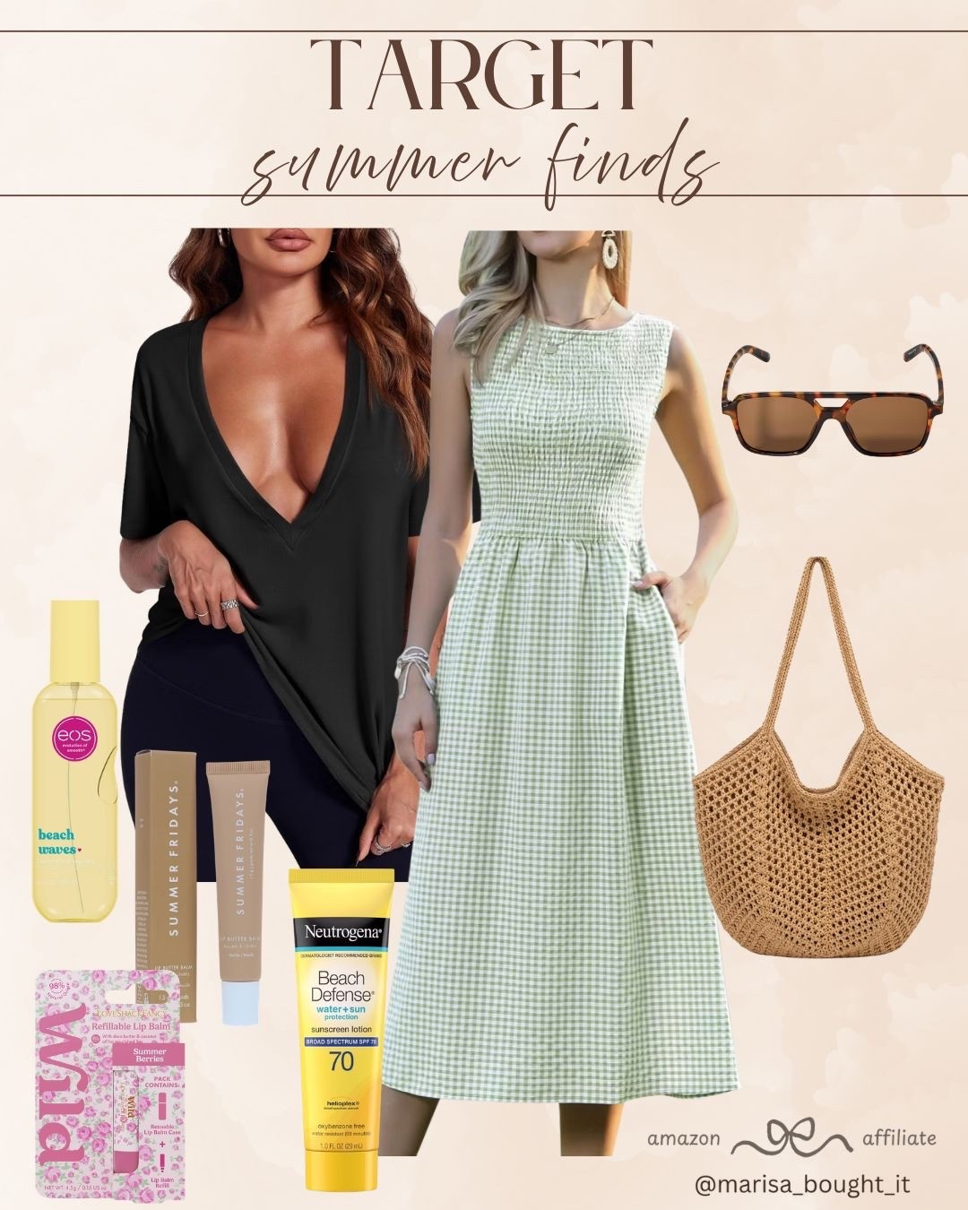 I am completely in love with these adorable Target summer finds! ☀️

I styled a beautiful green gingham smocked midi dress alongside a casual black v-neck tee look, tortoiseshell sunglasses, a woven tote bag, and all the best summer beauty and skincare essentials.

Shop these gorgeous budget-friendly pieces now. ✨ 

#TargetStyle #TargetFinds #SummerOOTD #GinghamDress #SummerSkincare #BeachVibes

#LTKootd #LTKSeasonal
