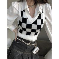 Y2K Black White Plaid Cropped Sweater Vest Women Korean Fashion Oversize V-Neck Checkered Knitted Ju | Etsy (US)