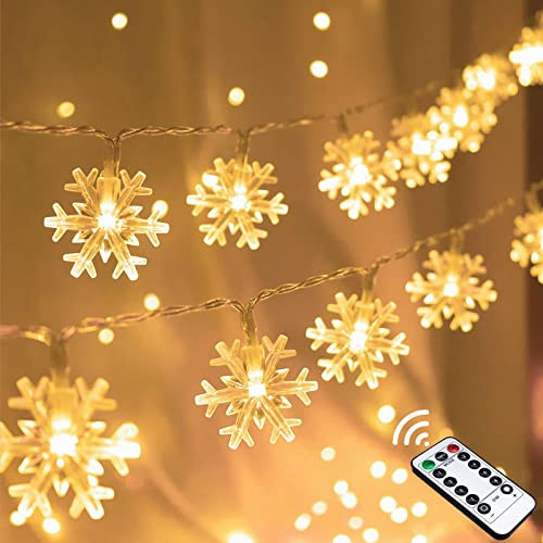 Runleo Christmas Snowflake String Lights, 20 FT 40 LED Warm White Battery Operated Fairy Lights with Remote Timer - Bedroom Room Indoor Xmas Tree Decorations | Amazon (US)