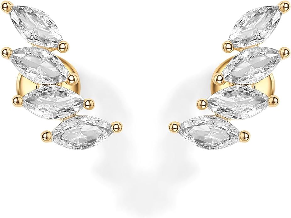 PAVOI 14K Gold Plated Sterling Silver Post Navette CZ Crawler Flat Back Earrings for Women | Smal... | Amazon (US)
