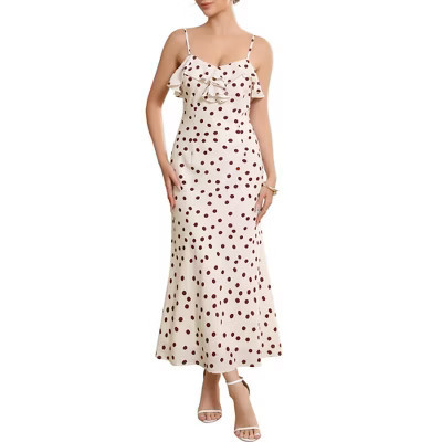 INSPIRE CHIC Women's Polka Dots Vintage Dating Ruffles Front Spaghetti Strap Maxi Dresses Medium Light Brown | Target