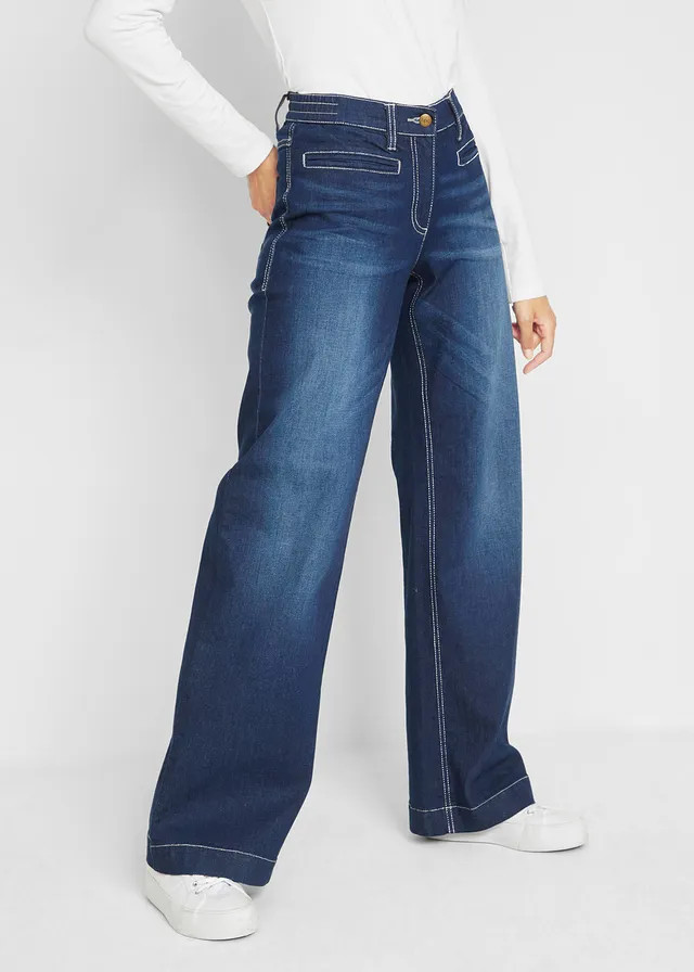 Wide leg mid waist jeans met een comfortabele band blauw denim used | Bonprix NL (Influencer)