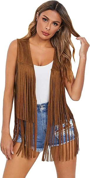 Verdusa Women's Tassel Sleeveless Vest 70s Hippie Faux Suede Fringe Jacket Cardigan | Amazon (US)