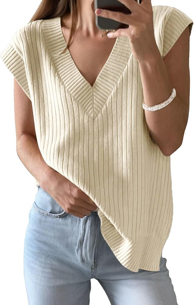 Womens V Neck Sweater Vest Oversized Ribbed Knit Sleeveless Casual Loose Fit Pullover Tank Top | Amazon (US)