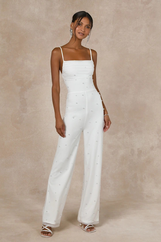 Unbelievably Divine White Mesh Pearl Lace-Up Jumpsuit | Lulus