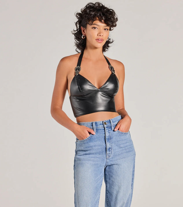 Bold Buckle Halter Strap Faux Leather Crop Top | Windsor Stores
