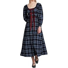 Women Plaid Long Dress Lantern Sleeve Square Neck Maxi Dress with Bow Tie Cottagecore Flowy Fall ... | Amazon (US)