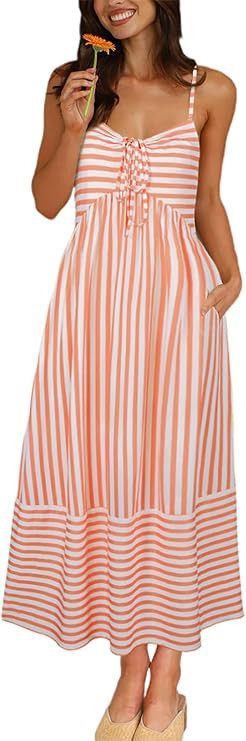 Fashionme Womens Summer Maxi Dresses 2025 Trendy Striped Vacation Boho Beach Spaghetti Strap Sund... | Amazon (US)