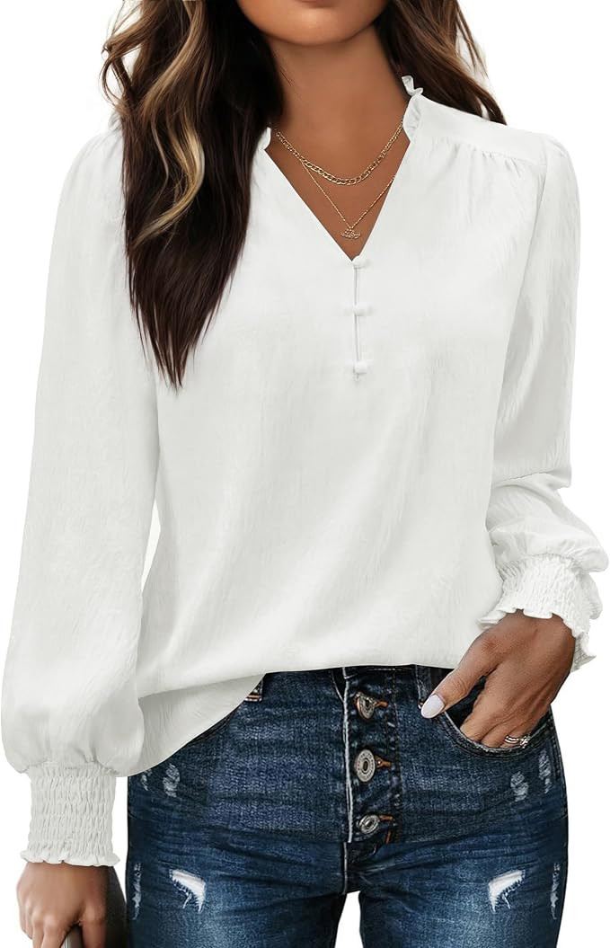 Blouses for Women Dressy Casual Long Sleeve Shirts V Neck Tunic Fall Trendy with Smocked Cuffs Bu... | Amazon (US)