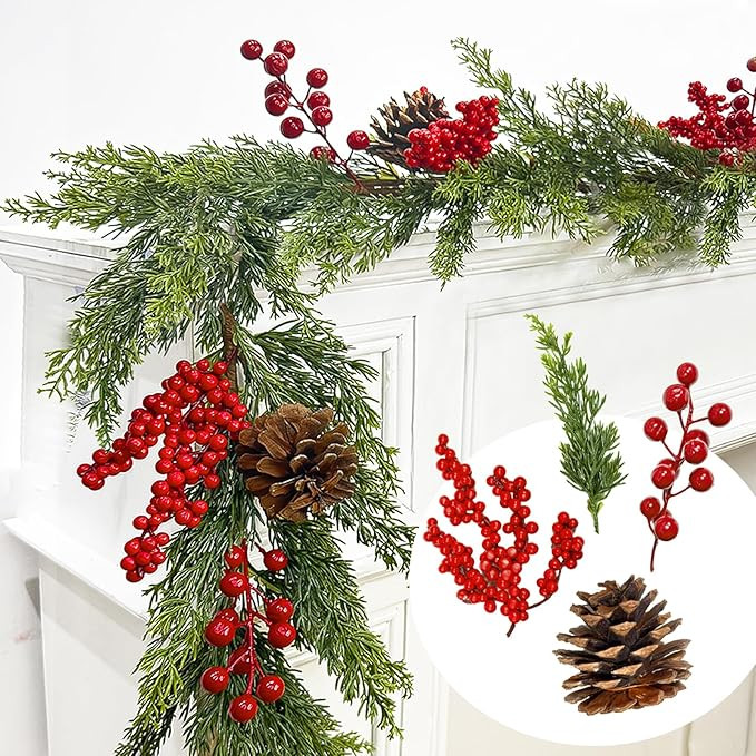 6 Ft Christmas Cedar Garland - Realistic Greenery Faux Christmas Garland with Red Berry Clusters ... | Amazon (US)