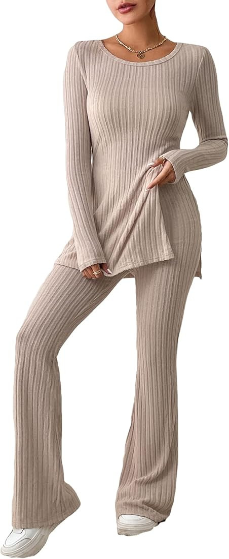 Women's 2 Piece Solid Rib Knit Outfits Split Hem Tee Top Flare Leg Pants Set | Amazon (US)