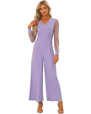 Allegra K Women's Elegant V Neck Mesh Long Sleeve Loose Wide Leg Romper Party Jumpsuits | Amazon (US)