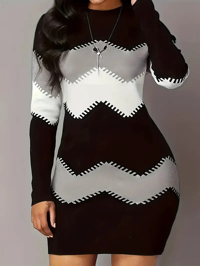 Color Block Long Sleeve Dress Elegant Crew Neck Bodycon Knit - Temu | Temu Affiliate Program