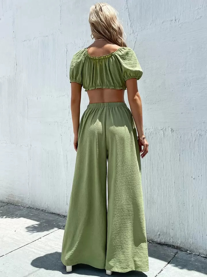 SHEIN VCAY Frill Tie Front Crop Top & Wide Leg Pants Set | SHEIN