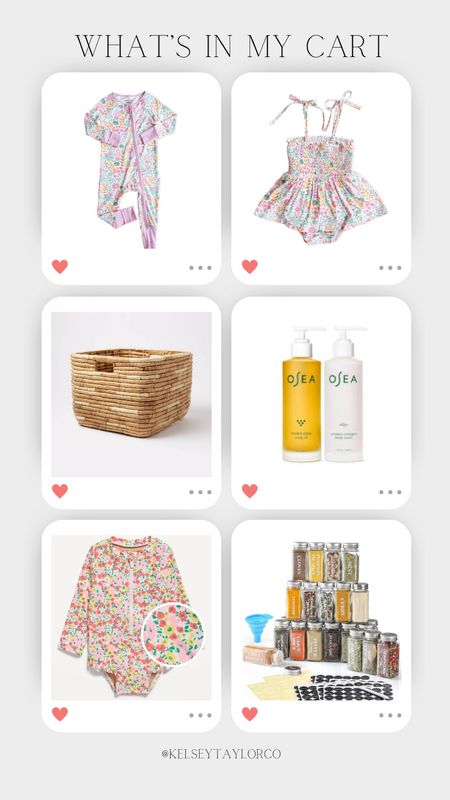 What’s in my cart // baby girl clothes + swim / woven basket for toy storage + home decor / skincare duo lotion and oil / spice drawer organization 

#LTKbaby #LTKhome #LTKfindsunder50