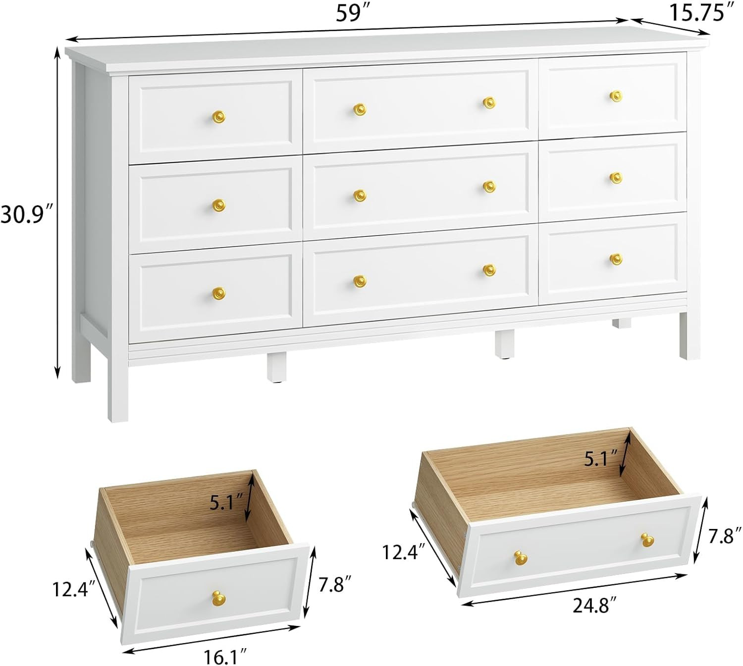 CARPETNAL White Dresser for Bedroom, 9 Drawer Dresser with Wide Drawers and Gold Metal Handles, 5... | Amazon (US)