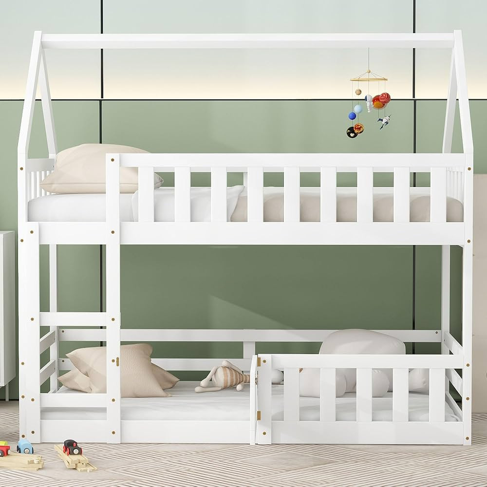 SOFTSEA Twin Over Twin House Bunk Bed with Fence and Door, Solid Wood Bunk Bed Frame with Guardra... | Amazon (US)