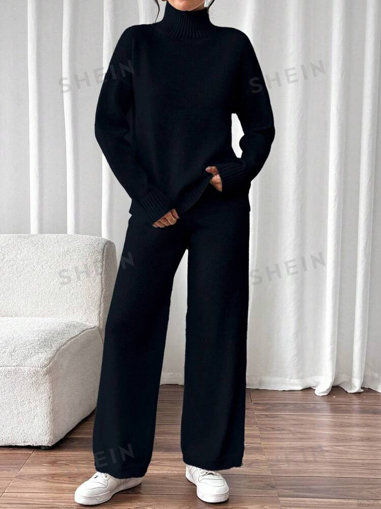 SHEIN Relaxiva 2pcs Set: Solid Color Turtleneck Long Sleeve Top And Pants, Casual Sweater Suit | ... | SHEIN