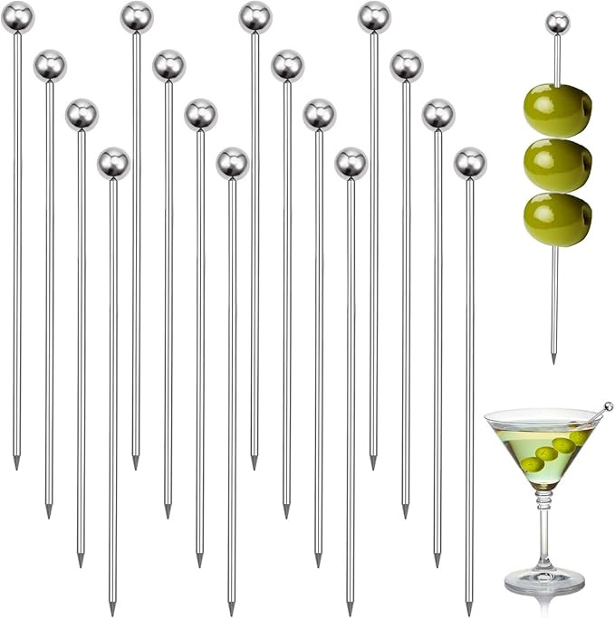 16PCS Cocktail Picks, Reusable Stainless Steel Toothpicks Martini Olive Skewers, Upgrade Metal Dr... | Amazon (UK)