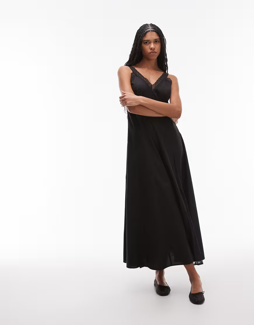 Topshop poplin lace godet midi dress in black | ASOS (Global)
