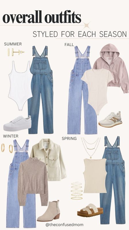 Overall outfits styled for each season, overall spring outfits, neutral top, neutral bodysuit, white bodysuit, neutral sweater, jackets, women’s jewelry, earrings, necklace, sneakers, sandals 

#LTKfindsunder100 #LTKworkwear #LTKstyletip
