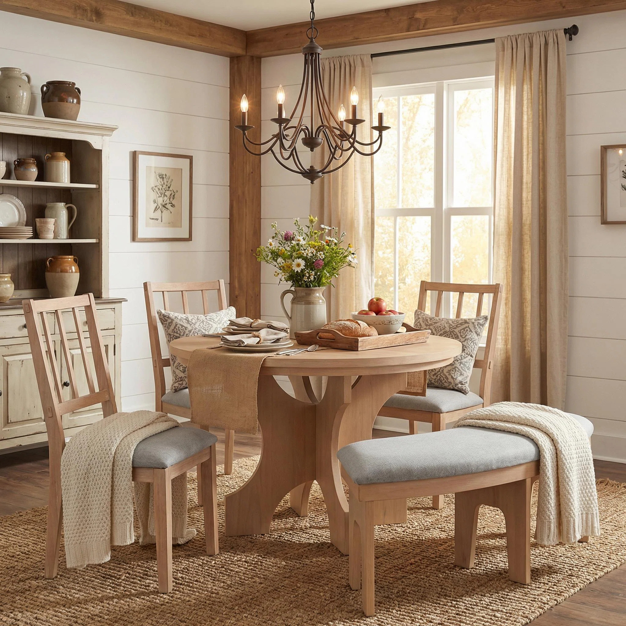 5-Piece Round Dining Table Set with Upholstered Chairs and Curved Bench (Set of 5) | Wayfair North America