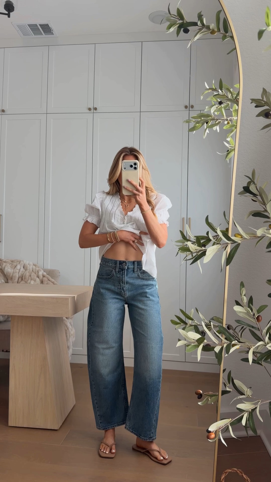 top: xs // jeans: 26 short, i’m 5’3 medium wash — sized up for this fit! last day to use DENIMAF