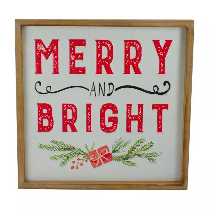 Northlight 16" White and Red "Merry And Bright" Metal Christmas Sign With Wood Frame Wall Decor | Target