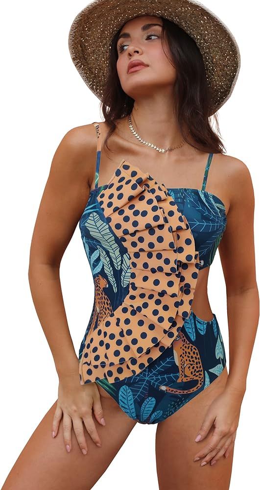 SPORLIKE Women One Piece Swimsuit Flounce Swimwear Hole Out Bathing Suit Padded Monokini | Amazon (US)