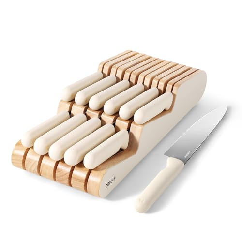CAROTE 12Pcs Kitchen Knife Set, Dishwasher Safe knife set with Wooden In-Drawer Knife Block, Drawer Knife Set with Razor-Sharp Blades, 6 Steak Knives, Cream White | Amazon (US)