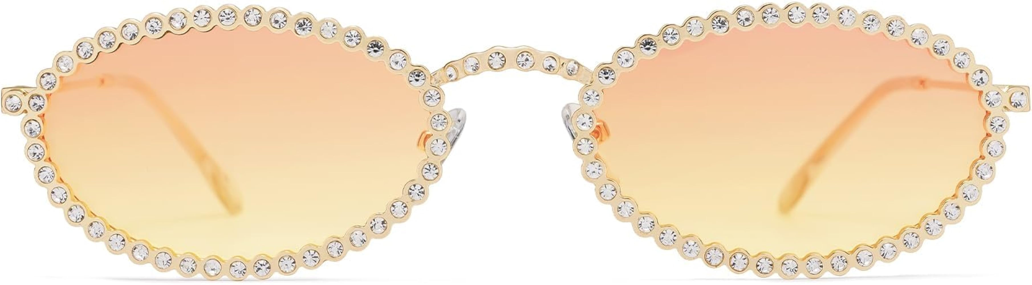 SOJOS Retro Oval Rhinestone Skinny Sunglasses for Women 90s Styles Bling Hippie Disco Trendy Sun ... | Amazon (US)